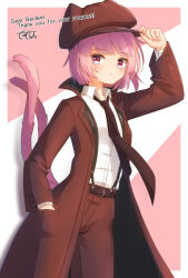 Rule 34 | 1girl, animal ears, animal hat, arm up, black necktie, blush, brown hat, brown jacket, brown pants, cabbie hat, cat ears, cat tail, closed mouth, collared shirt, commentary request, coreytaiyo, dated, dress shirt, english text, fake animal ears, hand in pocket, hand on headwear, hat, highres, jacket, long sleeves, looking at viewer, multiple tails, necktie, open clothes, open jacket, original, pants, pink background, pink hair, purple eyes, shirt, short hair, signature, solo, suspenders, tail, thank you, two-tone background, two tails, white background, white shirt