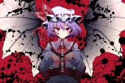 Rule 34 | 1girl, ascot, bat wings, blood, blood on face, dress, hat, hat ribbon, highres, light purple hair, long sleeves, looking at viewer, mob cap, puffy sleeves, red background, red eyes, remilia scarlet, ribbon, rihito (usazukin), sash, simple background, smile, solo, text focus, touhou, upper body, wings