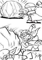 Rule 34 | 1boy, 1girl, 2024, anger vein, artist name, attack, boulder, cape, chibi, clenched teeth, comic, commentary, cong1991, fangs, gameplay mechanics, highres, long hair, long sleeves, moblin, monochrome, motion lines, nintendo, pants, pointy ears, princess zelda, shoes, simple background, staff, teeth, the legend of zelda, the legend of zelda: echoes of wisdom, throwing, tiara, tri (zelda), v-shaped eyebrows, white background