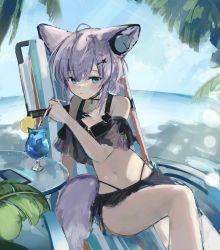 Rule 34 | 1girl, animal ears, arknights, beach chair, bikini, black bikini, blue eyes, blush, breasts, drink, drinking straw, food, fox ears, fox girl, fox tail, fruit, glass table, grey hair, headphones for animal ears, highres, lemon, lemon slice, material growth, navel, official alternate costume, oripathy lesion (arknights), outdoors, palm leaf, sankichi (croquette crab), short hair, short twintails, sitting, small breasts, solo, stomach, sussurro (arknights), sussurro (summer flower) (arknights), swimsuit, table, tail, twintails