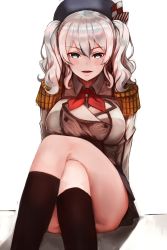 Rule 34 | 10s, 1girl, beret, black legwear, blue eyes, breasts, buttons, epaulettes, frilled sleeves, frills, gloves, hat, highres, kantai collection, kashima (kancolle), kerchief, large breasts, crossed legs, looking at viewer, military, military uniform, miniskirt, pleated skirt, silver hair, simple background, sitting, skirt, solo, thighs, tsurime, twintails, uniform, wavy hair, white background, white gloves, yuusakura kyouta, yūzakura kyōta (toti9216)