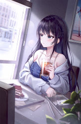 Rule 34 | 1girl, bare shoulders, black hair, blue shirt, blurry, blurry foreground, blush, building, caba (caba091), cake, cake slice, cityscape, closed mouth, collarbone, cup, food, fork, green eyes, grey jacket, holding, holding cup, indoors, jacket, light particles, long hair, long sleeves, looking away, off shoulder, on chair, open clothes, open jacket, original, painting (object), plant, plate, shirt, sidelocks, sitting, solo, stylus, table, window