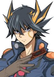 Rule 34 | 1boy, absurdres, black hair, blonde hair, blue eyes, blue jacket, brown gloves, card, facial mark, frown, fudo yusei, gloves, hair between eyes, highres, holding, holding card, jacket, k3rd, male focus, medium hair, multicolored hair, open clothes, open jacket, portrait, sketch, solo, spiked hair, two-tone hair, v-shaped eyebrows, yu-gi-oh!, yu-gi-oh! 5d&#039;s
