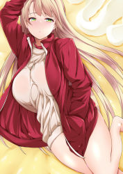 Rule 34 | 1girl, amasora taichi, arm up, bare legs, blonde hair, blush, breasts, brown shirt, closed mouth, green eyes, gym shirt, gym uniform, half-closed eyes, hand in pocket, highres, huge breasts, jacket, long hair, looking at viewer, lying, no pants, on back, open clothes, open jacket, original, see-through, shirt, solo, thick thighs, thighs, track jacket, very long hair