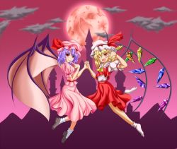 Rule 34 | 2girls, bat wings, blonde hair, blouse, cloud, female focus, finger to mouth, flandre scarlet, flying, full moon, garando, hat, hat ribbon, holding hands, leg up, light purple hair, looking at viewer, mob cap, moon, mountain, multiple girls, open hand, red eyes, red moon, red sky, remilia scarlet, ribbon, shirt, skirt, skirt set, sky, smile, touhou, tower, wings