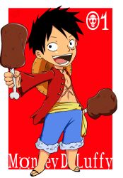 Rule 34 | 1boy, character name, chibi, denim, denim shorts, food, hat, unworn headwear, male focus, meat, monkey d. luffy, one piece, open clothes, open mouth, open shirt, red shirt, sandals, sash, scar, shirt, shorts, smile, solo, stampede string, umka san