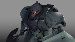 Rule 34 | absurdres, axe, clenched hand, grey background, gundam, highres, holding, holding axe, mecha, mobile suit, mobile suit gundam, no humans, one-eyed, red eyes, robot, science fiction, shield, solo, zaku, zaku i, zeon, zhu fun
