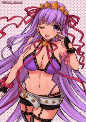 Rule 34 | 1girl, bare shoulders, bb (fate), bb (fate) (all), bb (swimsuit mooncancer) (fate), bb (swimsuit mooncancer) (second ascension) (fate), bead bracelet, beads, belt, bikini, black gloves, black shorts, black thighhighs, blush, bracelet, breasts, cleavage, collarbone, dark-skinned female, dark skin, fate/grand order, fate (series), fingerless gloves, garter belt, gloves, hair ornament, hair ribbon, hairband, highres, izumi minami, jewelry, large breasts, long hair, looking at viewer, micro shorts, navel, neck ribbon, one eye closed, purple bikini, purple eyes, purple hair, ribbon, shorts, smile, solo, star (symbol), star hair ornament, studded garter belt, swimsuit, tan, thighhighs, thighs, tongue, tongue out, very long hair, white belt