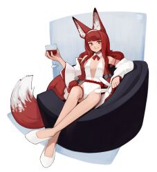 Rule 34 | absurdres, animal ears, bare legs, bow, bowtie, breasts, collar, commentary, copyright request, cup, drinking glass, english commentary, fox ears, fox girl, fox tail, highres, holding, holding cup, jacket, kart prowler, legs, leotard, long hair, looking at viewer, medium breasts, nontraditional playboy bunny, off shoulder, open clothes, open jacket, red bow, red bowtie, red hair, sideboob, sidelocks, sitting, tail, very long hair, white collar, white footwear, white jacket, white leotard, wine glass
