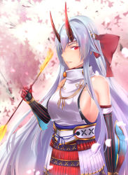 Rule 34 | 1girl, armor, arrow (projectile), bow, breasts, cherry blossoms, commentary request, detached sleeves, fate/grand order, fate (series), flaming arrow, gloves, grey hair, hair between eyes, hair bow, headband, highres, holding, holding arrow, horns, horns through headwear, japanese armor, kusazuri, large breasts, long hair, looking at viewer, mochidayo (lovefate999), oni horns, red bow, red eyes, red gloves, sideboob, solo, tomoe gozen (fate), very long hair, white headband