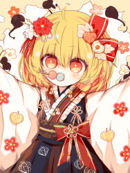 Rule 34 | 1girl, alternate costume, blonde hair, blush, bow, chinese lantern (plant), dango, dress bow, eating, flower, food, fruit hair ornament, hair flower, hair ornament, hair ribbon, hair stick, highres, japanese clothes, kanzashi, leaf hair ornament, long sleeves, looking at viewer, medium hair, obi, obidome, obijime, orange eyes, outstretched arms, red bow, red flower, ribbon, ro.ro, rumia, sash, skewer, solo, touhou, wagashi, white flower, wide sleeves