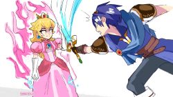 Rule 34 | anger vein, armor, aura, blade catching, blonde hair, blue hair, brooch, cape, clenched hand, crown, dress, fire emblem, fire emblem: mystery of the emblem, gloves, glowing, glowing eyes, highres, jewelry, looking at another, mag (magdraws), mario (series), marth (fire emblem), mini crown, nintendo, photo-referenced, pink dress, princess peach, shoulder armor, simple background, smile, super smash bros., sword, weapon, white gloves