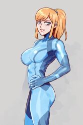 Rule 34 | 1girl, ass, blonde hair, blue bodysuit, blue eyes, bodysuit, breasts, brellom, commentary, english commentary, hairband, hand on own hip, highres, large breasts, lips, looking at viewer, metroid, nintendo, ponytail, samus aran, sequential, sidelocks, simple background, skin tight, smile, smug, thighs, zero suit