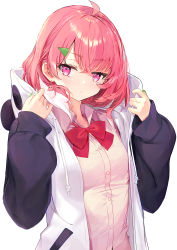 Rule 34 | 1girl, :/, ahoge, animal hood, blush, bow, bowtie, breasts, closed mouth, coat, collared shirt, commentary request, crossed bangs, dress, earrings, green nails, hair between eyes, hair ornament, hands up, highres, holding, hood, hooded coat, jewelry, long sleeves, looking at viewer, miruto netsuki, mole, mole under eye, nail polish, nijisanji, panda hood, pink dress, pink eyes, pink hair, puffy sleeves, red bow, red bowtie, sasaki saku, shirt, short hair, simple background, small breasts, solo, triangle, virtual youtuber, white background, white coat