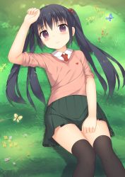 Rule 34 | 1girl, bad id, bad pixiv id, black hair, black thighhighs, blush, bug, butterfly, collared shirt, commentary request, day, flower, grass, green skirt, hair between eyes, hair bobbles, hair ornament, hand up, heart, highres, insect, long hair, looking at viewer, lying, necktie, on back, on grass, original, outdoors, over-kneehighs, pink sweater, pleated skirt, purple eyes, red necktie, shirt, sidelocks, skirt, sleeves pushed up, smile, solo, sweater, tareme, thighhighs, twintails, usagino suzu, white shirt, zettai ryouiki