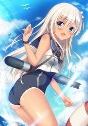 Rule 34 | 10s, 1girl, :d, ass, bird, blue eyes, blue sky, day, innertube, kantai collection, leaning forward, long hair, looking at viewer, one-piece swimsuit, open mouth, ro-500 (kancolle), school swimsuit, school uniform, seagull, serafuku, silver hair, sky, smile, solo, swim ring, swimsuit, swimsuit under clothes, tan, tanline, tomoo (tomo), torpedo