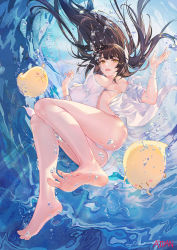 Rule 34 | 1girl, air bubble, armpits, artist name, ass, atdan, azur lane, bare shoulders, barefoot, bird, blush, breasts, brown eyes, brown hair, bubble, chick, dress, feet, floating hair, foreshortening, freediving, hiei (azur lane), highres, horns, large breasts, long hair, looking at viewer, manjuu (azur lane), off shoulder, one-piece swimsuit, open clothes, open mouth, open shirt, shirt, sideboob, signature, sleeveless, sleeveless dress, solo, swimsuit, thighs, toes, underwater, untied swimsuit, white dress, white one-piece swimsuit, white shirt