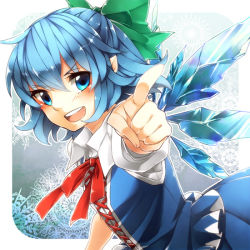 Rule 34 | 1girl, ahoge, bad id, bad pixiv id, blue eyes, blue hair, bow, cirno, foreshortening, hair bow, ice, ice wings, looking at viewer, matching hair/eyes, open mouth, pointing, pointy ears, ribbon, sayuma, solo, touhou, upper body, wings