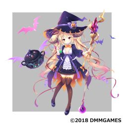 Rule 34 | 1girl, black thighhighs, blonde hair, blush, dress, flat chest, gemini seed, hair ornament, hair ribbon, hat, highres, horns, long hair, nail polish, nanohana kohina, official art, pointy ears, potion, red eyes, ribbon, shoes, thighhighs, twintails, very long hair, witch hat