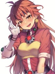 Rule 34 | 1girl, blush, breasts, earrings, fang, gloves, headband, highres, jewelry, lina inverse, long hair, looking at viewer, open mouth, orange hair, ryuinu, simple background, skin fang, slayers, smile, solo, v, white background