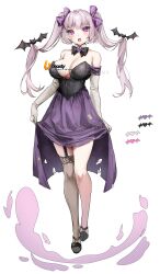 Rule 34 | 1girl, bat (animal), bow, bowtie, breasts, cleavage, clothes lift, dress, garter straps, hair bow, high heels, highres, holding, holding clothes, holding skirt, large breasts, lifting own clothes, long hair, nakony, open mouth, original, pink eyes, pink hair, purple dress, single sock, skirt, skirt lift, smoke, socks, solo, torn clothes, torn dress, twintails, vampire, white background
