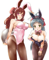 Rule 34 | animal ears, black leotard, black neckwear, bow, bowtie, breasts, brown hair, brown legwear, rabbit ears, rabbit tail, chi gura-ya, cleavage, detached collar, fake animal ears, green eyes, green hair, hair ribbon, highres, irako (kancolle), kantai collection, large breasts, leaning forward, leotard, long hair, looking at viewer, mamiya (kancolle), pantyhose, pink leotard, playboy bunny, ponytail, red eyes, red neckwear, red ribbon, ribbon, simple background, smile, standing, tail, tray, white background, wrist cuffs
