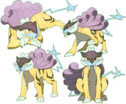 Rule 34 | claws, commentary request, creatures (company), game freak, gen 2 pokemon, highres, legendary pokemon, looking at viewer, lying, morio (poke orio), multiple views, nintendo, no humans, open mouth, pokemon, pokemon (creature), raikou, red eyes, sitting, standing, tusks, white background