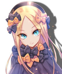 Rule 34 | &gt;:), 1girl, abigail williams (fate), bad id, bad pixiv id, black bow, black dress, black hat, blonde hair, blue eyes, bow, bug, butterfly, closed mouth, commentary request, dress, drop shadow, fate/grand order, fate (series), forehead, hair bow, hat, insect, long hair, looking at viewer, multiple hair bows, nasaniliu, orange bow, parted bangs, polka dot, polka dot bow, smile, solo, v-shaped eyebrows, very long hair, white background