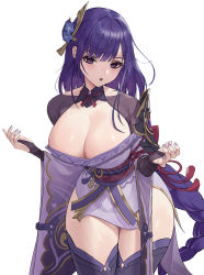 Rule 34 | 1girl, :o, breasts, commentary, cowboy shot, genshin impact, highres, japanese clothes, kimono, kou (kokounene), large breasts, long braid, long hair, long sleeves, looking at viewer, obi, off shoulder, parted lips, purple eyes, purple hair, purple kimono, raiden shogun, red sash, sash, simple background, solo, standing, symbol-only commentary, thick thighs, thighhighs, thighs, very long hair, white background, wide sleeves