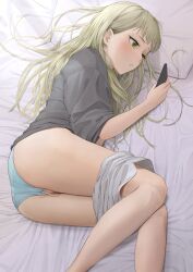 Rule 34 | 1girl, absurdres, ano (gccx8784), ass, bed, blonde hair, blouse, blue panties, blush, cellphone, clothes pull, female focus, female masturbation, green eyes, grey shirt, grey skirt, hand in panties, highres, long hair, lying, masturbation, masturbation through clothes, miniskirt, on side, original, panties, parted lips, phone, shirt, skirt, skirt pull, smartphone, solo, thighs, underwear