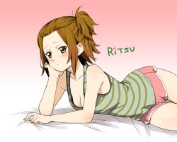 Rule 34 | 1girl, alternate hairstyle, arm support, bare shoulders, blush, breasts, brown eyes, brown hair, character name, cleavage, downblouse, gradient background, k-on!, minimaru, shirt, short shorts, shorts, side ponytail, small breasts, solo, striped clothes, striped shirt, tainaka ritsu, tank top, yellow eyes