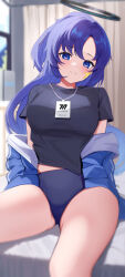 Rule 34 | 1girl, absurdres, black shirt, blue archive, blue buruma, blue eyes, blue jacket, blurry, blurry background, blush, breasts, buruma, closed mouth, commentary request, curtains, eyelashes, gluteal fold, halo, head tilt, highres, hitachi sou, indoors, jacket, large breasts, long hair, looking at viewer, off shoulder, on bed, open clothes, open jacket, paid reward available, parted bangs, purple hair, red pupils, shirt, short sleeves, sitting, smile, solo, sportswear, star sticker, thighs, very long hair, yuuka (blue archive), yuuka (track) (blue archive)