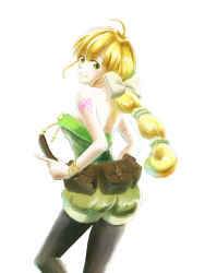 Rule 34 | 1girl, black pantyhose, blonde hair, bow, braid, commentary request, green eyes, hair bow, hair ribbon, highres, pantyhose under shorts, long hair, multi-tied hair, pantyhose, ribbon, saga, saga frontier, saga frontier 2, shorts, single braid, solo, tattoo, virginia knights