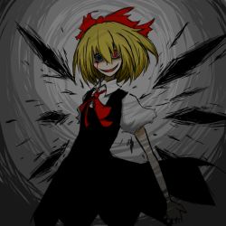 Rule 34 | 1girl, black dress, black wings, blonde hair, blood, blue eyes, bow, cirno, cirno (cosplay), cosplay, darkness, dress, evil smile, hair bow, heterochromia, noumen, open mouth, puffy short sleeves, puffy sleeves, red eyes, rumia, short hair, short sleeves, smile, solo, touhou, wings