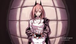 1girl, artist name, baggy clothes, birthday cake, black jacket, cake, candle, carrotsprout, chainsaw man, character name, english text, eyebrows, female focus, food, hair between eyes, highres, horns, jacket, long hair, long sleeves, looking to the side, nervous, off-shoulder jacket, off shoulder, pink hair, power (chainsaw man), red eyes, scared, shirt, sleeves past elbows, solo, solo focus, sweat, tile wall, tiles, unusual pupils, watermark, white shirt