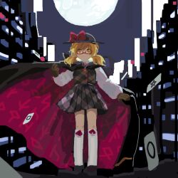Rule 34 | 1girl, alternate color, black cape, black hat, black skirt, black vest, blonde hair, bow, cape, closed mouth, collared shirt, commentary request, flat chest, full body, full moon, hat, hat bow, highres, kaigen 1025, kneehighs, long sleeves, looking at viewer, miniskirt, moon, night, outdoors, plaid, plaid vest, pleated skirt, red bow, shirt, skirt, socks, solo, touhou, twintails, two-sided cape, two-sided fabric, usami sumireko, vest, white shirt, white socks, yellow eyes