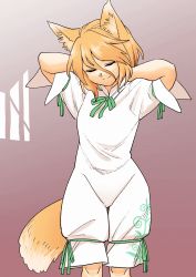 Rule 34 | 1girl, animal ears, animated, animated gif, bare arms, bare legs, bare shoulders, blonde hair, breasts, closed eyes, collarbone, commentary request, completely nude, dress, fox ears, fox girl, fox tail, fuuzasa, gradient background, green ribbon, hair between eyes, highres, holding, holding clothes, kudamaki tsukasa, looking at viewer, looking down, looking to the side, mandarin collar, navel, neck ribbon, nipples, no pussy, nude, off shoulder, ribbon, romper, short hair, short sleeves, small breasts, smile, solo, tail, third-party edit, touhou, undressing, unworn dress, yellow eyes