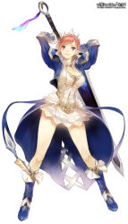 Rule 34 | 1girl, aion, bad id, bad pixiv id, blue eyes, blue footwear, blue jacket, blush, boots, breasts, character request, cleavage, cleavage cutout, clothing cutout, copyright name, cropped jacket, dress, earrings, expressionless, female focus, full body, gloves, hair bun, holding, holding sword, holding weapon, huge weapon, jacket, jewelry, knees, large breasts, lips, looking at viewer, mizunoto seiryuu, narrow waist, navel, red hair, sen tatohoka, short dress, simple background, single hair bun, solo, spread legs, standing, sword, sword behind back, the tower of aion, thighs, tiara, tight clothes, tight dress, weapon, white background, white dress, white gloves