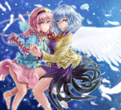 Rule 34 | 2girls, ahoge, barefoot, black hairband, blue shirt, bow, bowtie, braid, breasts, brooch, dress, eyeball, feathered wings, feathers, frilled shirt collar, frilled sleeves, frills, from side, hairband, half updo, heart, holding hands, interlocked fingers, jacket, jewelry, kishin sagume, komeiji satori, long sleeves, looking at viewer, looking to the side, medium breasts, multiple girls, open clothes, open jacket, orange eyes, parted lips, pink eyes, pink hair, pink skirt, purple dress, red bow, red bowtie, shirt, short hair, silver hair, single wing, skirt, third eye, touhou, white feathers, white wings, wide sleeves, wings, y2