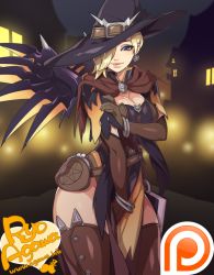 Rule 34 | 1girl, agawa ryou, artist name, backlighting, bad id, bad tumblr id, blue eyes, bracelet, breasts, brown gloves, brown thighhighs, cape, cleavage, earrings, elbow gloves, gloves, hair over one eye, hat over one eye, heart, jewelry, lips, mechanical wings, mercy (overwatch), official alternate costume, overwatch, overwatch 1, patreon, smile, solo, thighhighs, thighs, torn cape, torn clothes, watermark, web address, wings, witch mercy