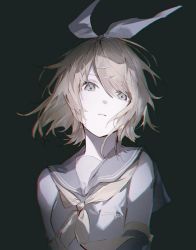 Rule 34 | 1girl, arm tattoo, black sleeves, bow, cheonyeon-hi, collared shirt, detached sleeves, floating hair, grey background, grey bow, grey eyes, grey hair, grey sailor collar, hair between eyes, hair bow, hair ornament, hairclip, highres, kagamine rin, looking at viewer, neckerchief, parted lips, sailor collar, sailor shirt, shirt, short hair, simple background, sleeveless, sleeveless shirt, solo, tattoo, upper body, vocaloid, white shirt, yellow neckerchief