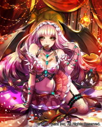 Rule 34 | 1girl, bare shoulders, blush, boots, breasts, candy, chocolate, chocolate heart, cleavage, closed mouth, company name, demon girl, demon tail, demon wings, eu (euspia), fishnet thighhighs, fishnets, food, food in mouth, heart, high heels, large breasts, long hair, maboroshi juuhime, navel, pink footwear, pink hair, sideboob, smile, solo, tail, thigh boots, thighhighs, torn clothes, torn thighhighs, wings, yellow eyes