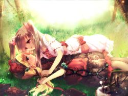 Rule 34 | 2girls, black dress, blonde hair, blue eyes, book, bow, brown hair, day, dress, forest, frills, frown, grass, hair bow, long hair, looking at another, looking at viewer, lying, mimikaki, multiple girls, nature, okatani umako, on back, original, outdoors, pink bow, pink eyes, scissors, smile, twintails, white dress, yuri