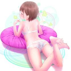Rule 34 | 1girl, ama mitsuki, ass, bare legs, bare shoulders, barefoot, blush, bra, brown hair, cushion, closed eyes, feet, crossed legs, lying, on stomach, original, panties, see-through, short hair, solo, spread toes, sweat, toenails, toes, underwear, underwear only, wet, wet clothes, wet panties, white bra, white panties