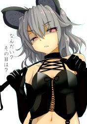 Rule 34 | 1girl, animal ears, clenched teeth, collar, dominatrix, elbow gloves, gloves, grey hair, ishikkoro, mouse ears, mouse tail, navel, nazrin, red eyes, short hair, solo, tail, teeth, touhou, whip