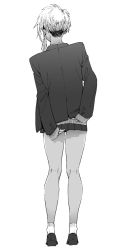 Rule 34 | 1girl, butakun, covering privates, covering ass, ear piercing, from behind, full body, greyscale, jacket, miniskirt, monochrome, original, piercing, pleated skirt, school uniform, short hair, skirt, sleeves past wrists, solo, standing, thighs, undercut
