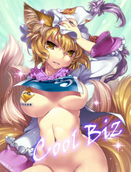 Rule 34 | 1girl, animal ears, blonde hair, blush, bottomless, breasts, covered erect nipples, fox ears, fox tail, groin, hat, ikuta takanon, large breasts, long sleeves, looking at viewer, multiple tails, navel, out-of-frame censoring, pasties, short hair, smile, solo, tail, touhou, translated, yakumo ran, yellow eyes