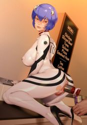 Rule 34 | 1girl, aged up, anal, anal object insertion, ayanami rei, blue hair, blush, breasts, cafe, censored, chalkboard, covered erect nipples, embarrassed, faucet, glass, high heels, indoors, interface headset, kneeling, large breasts, lips, looking back, menu board, neon genesis evangelion, object insertion, plugsuit, pussy, red eyes, shiory, short hair, skin tight, solo