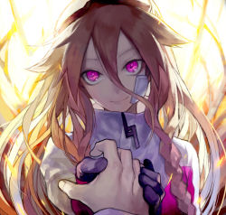 Rule 34 | 1girl, bandaid, bandaid on face, holding hands, ia (vocaloid), long hair, looking at viewer, lor968, pink eyes, pink hair, pov, smile, vocaloid