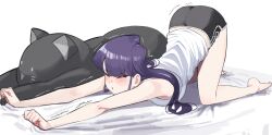 Rule 34 | 1girl, all fours, ass, ayatak0517, barefoot, bed sheet, black shorts, blush, cat stretch, clenched hands, closed eyes, commentary request, full body, highres, komi-san wa komyushou desu, komi shouko, long hair, open mouth, outstretched arms, purple hair, short shorts, shorts, simple background, solo, stretching, stuffed animal, stuffed cat, stuffed toy, tank top, thighs, trembling, v-shaped eyebrows, white background, white tank top